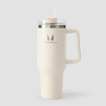 Myprotein метална бутилка със странична дръжка и сламка 1200 ml - натурално кремав
