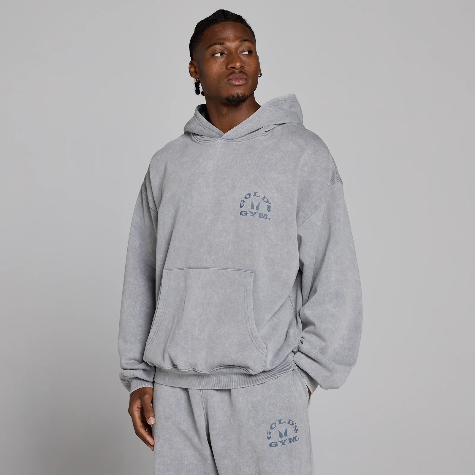 MP X Gold's Мъжки Washed Graphic Oversized Суитшърт с Качулка - Steel Blue - L Изображение 3